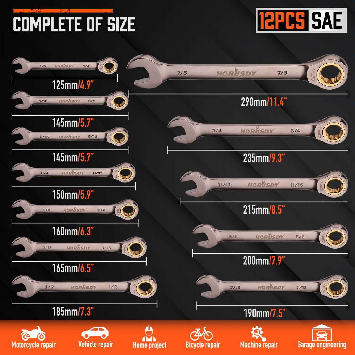 Organized HORUSDY ratcheting wrenches ready for automotive repairs