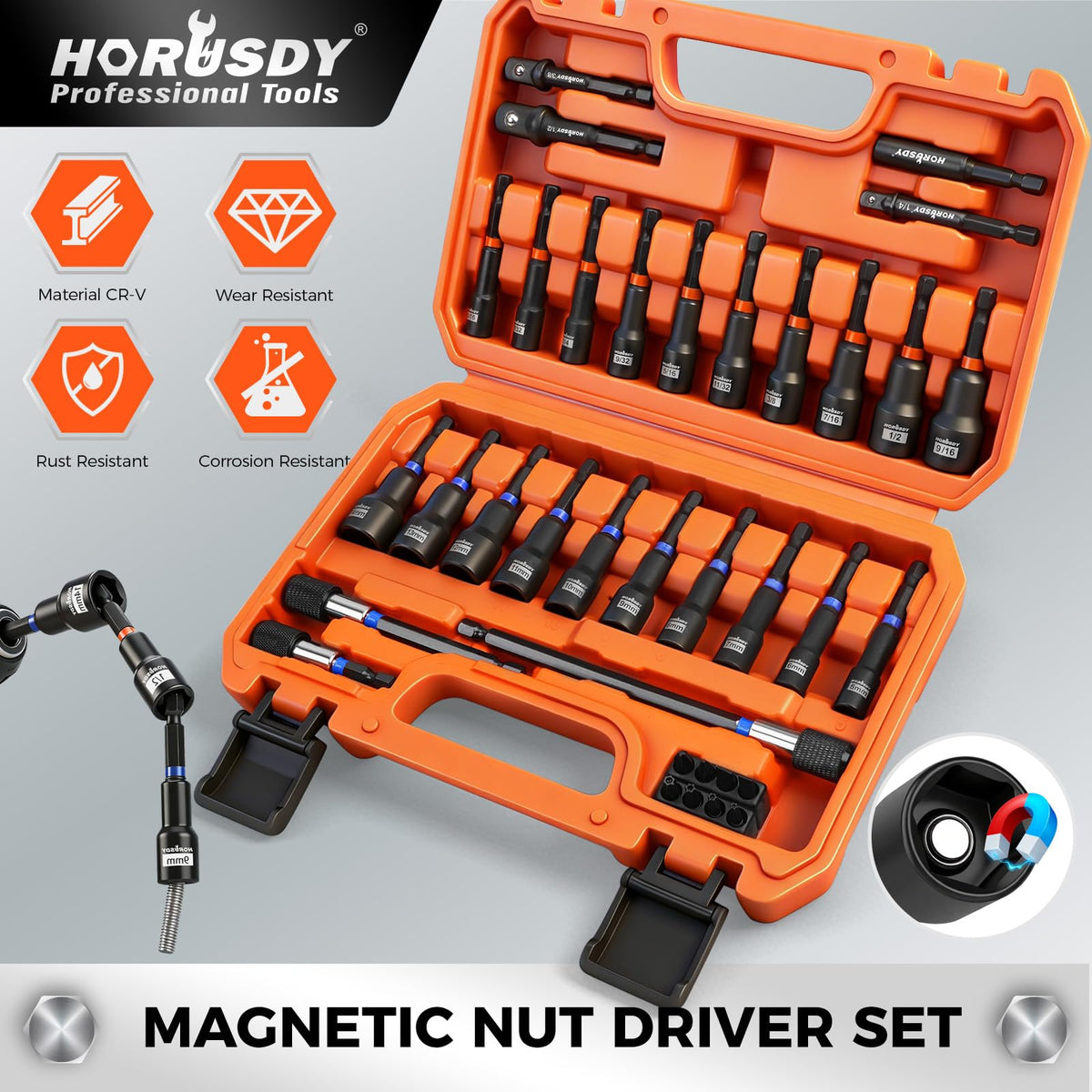 HORUSDY red SAE nut drivers for quick size identification.