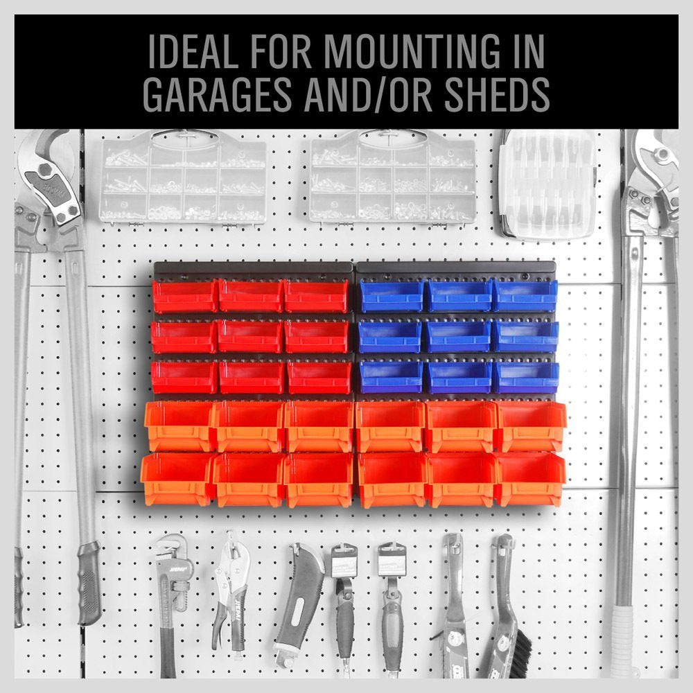 HORUSDY removable bins attach to slat walls for flexible workshop layouts.