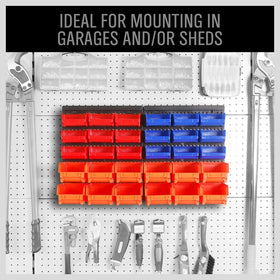 HORUSDY removable bins attach to slat walls for flexible workshop layouts.