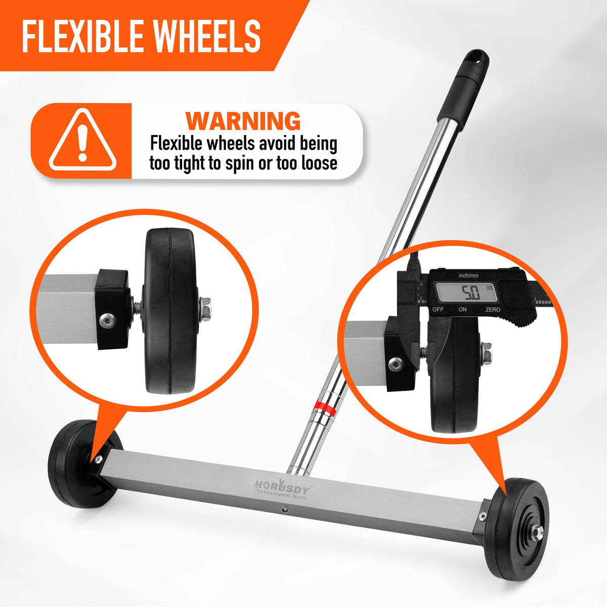 HORUSDY rolling magnetic sweeper wheels glide smoothly on concrete and dirt.