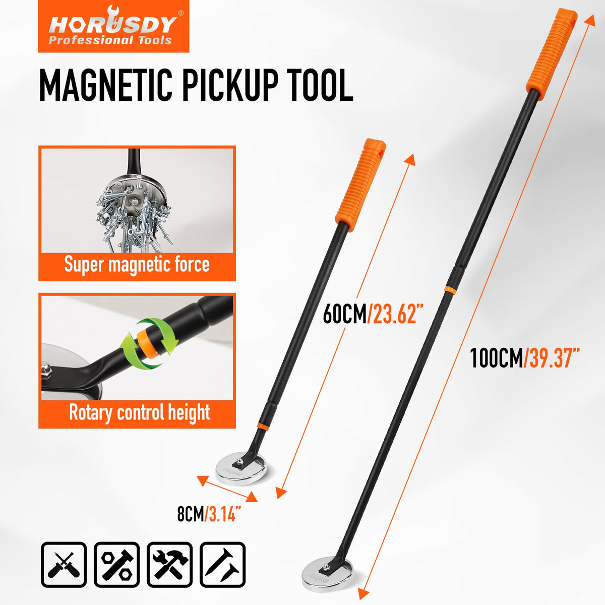 HORUSDY Side view demonstrates extended reach of the pickup tool.