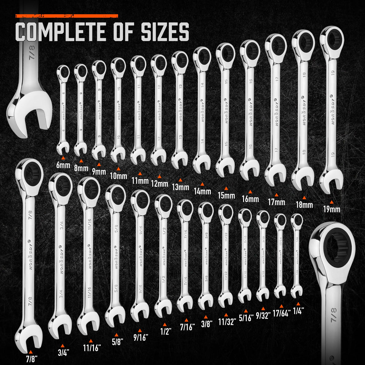 HORUSDY offers sizes from 1/4 to 3/4 inch and 6 to 19 mm.