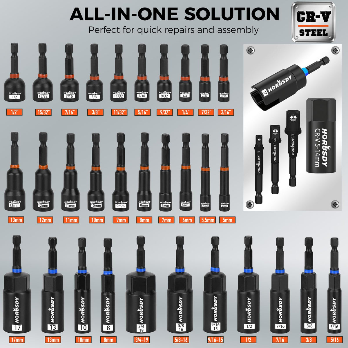 HORUSDY socket adapters enable versatile fits in tight spaces.