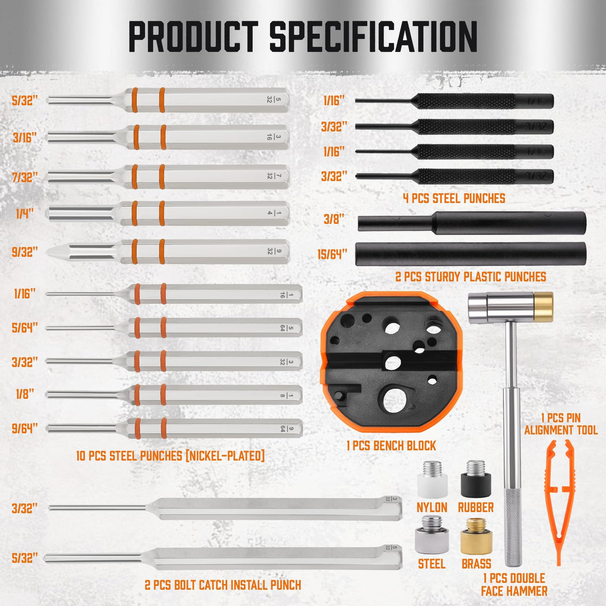 HORUSDY steel punches provide durable pin work across sizes