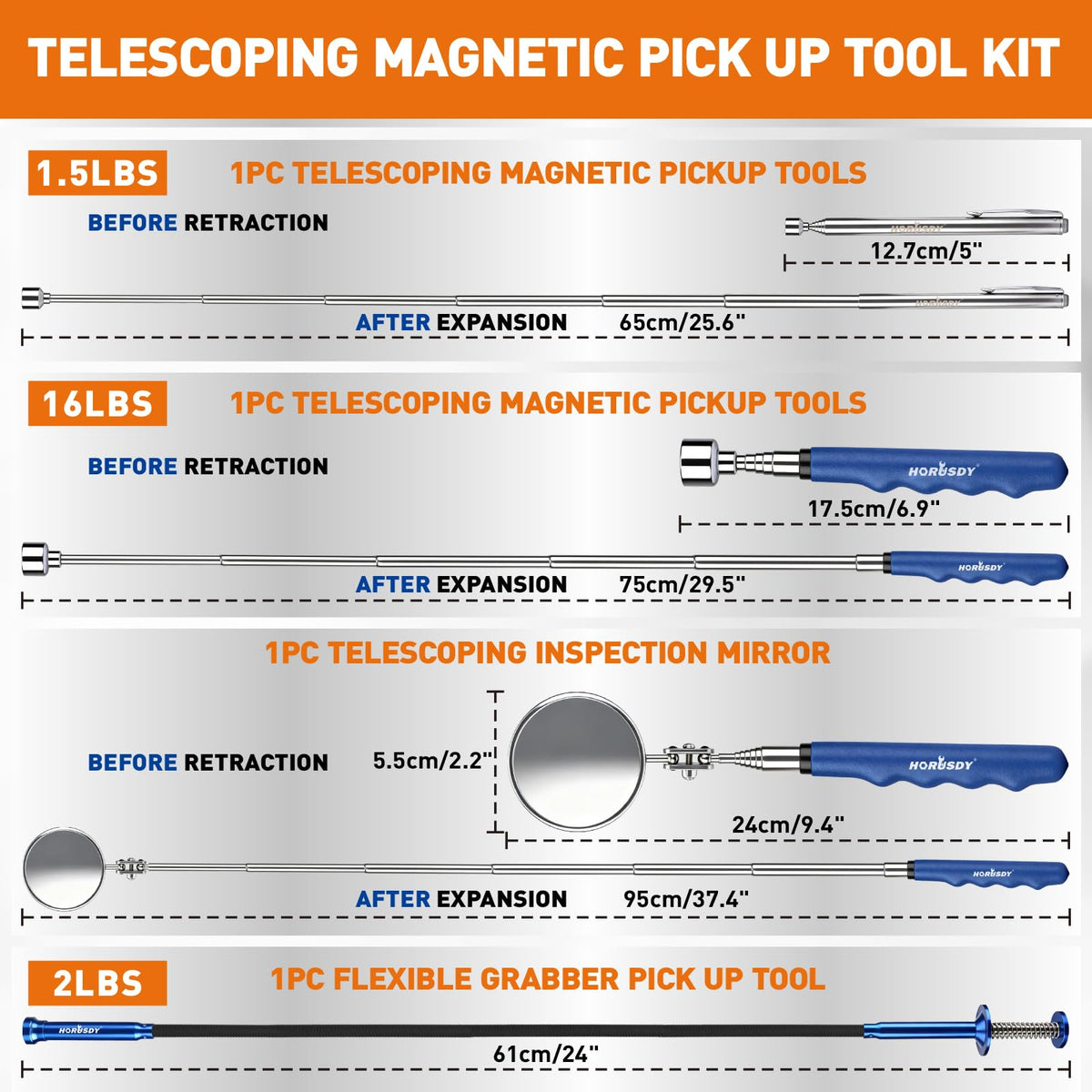 HORUSDY telescoping magnetic pickup 6-29-5in reaches screws behind panels.