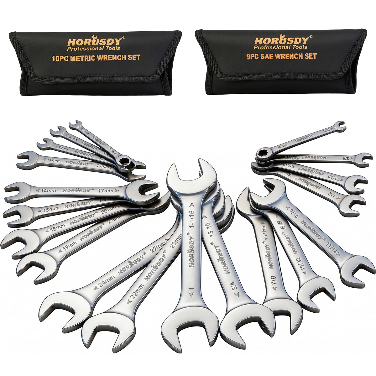 HORUSDY thin open-end wrench set with rolling pouch for organized storage.