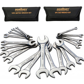 HORUSDY thin open-end wrench set with rolling pouch for organized storage.