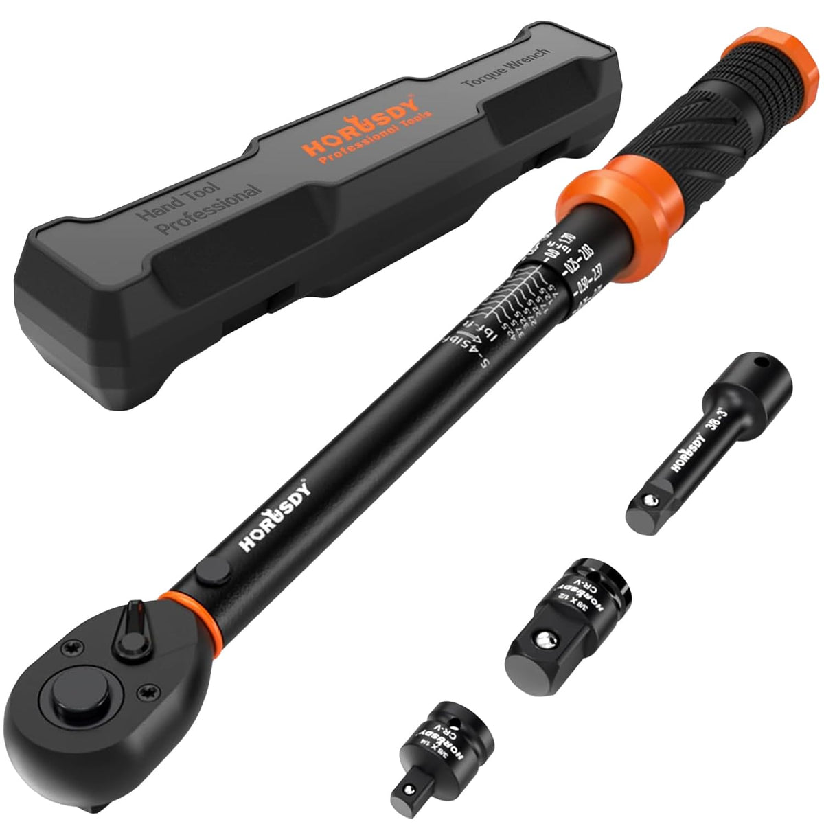 HORUSDY torque wrench in 3/8 inch drive with extension for precise tightening.