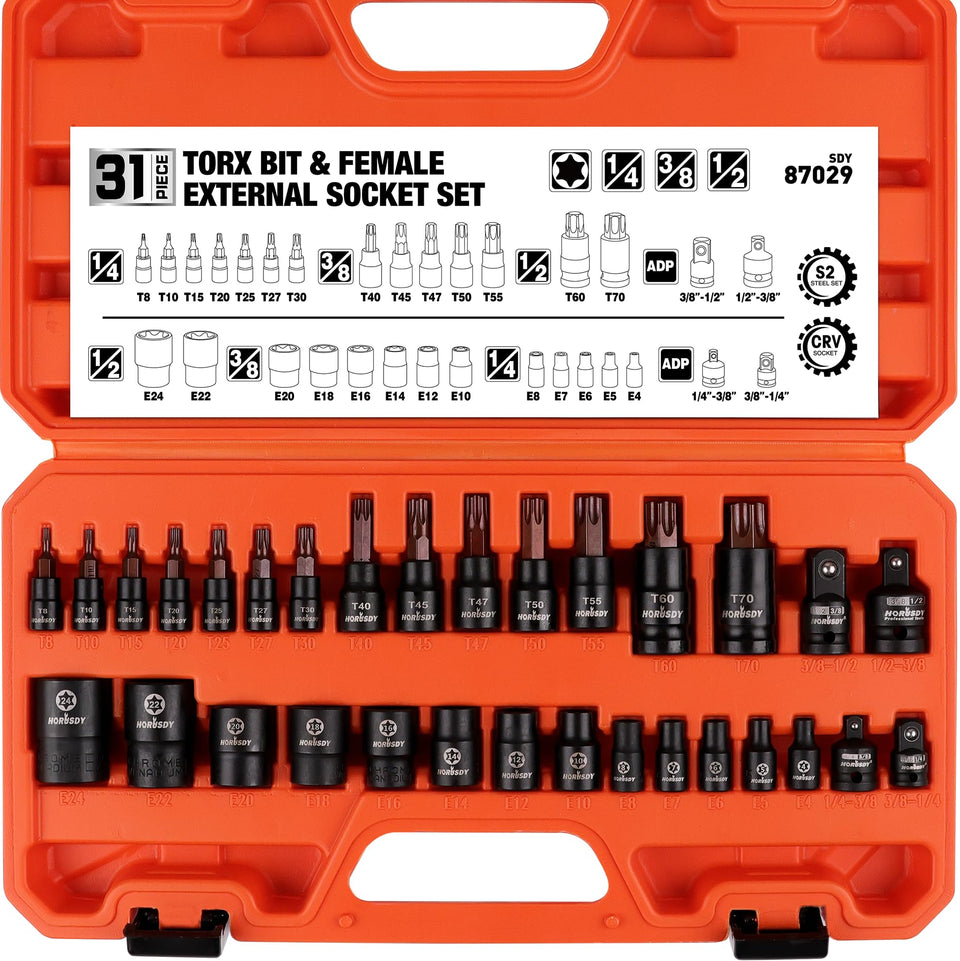 HORUSDY torx bit socket set assembly for organized workshop use.