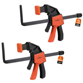 HORUSDY track saw clamps shown on a straight edge for precise straight cuts.