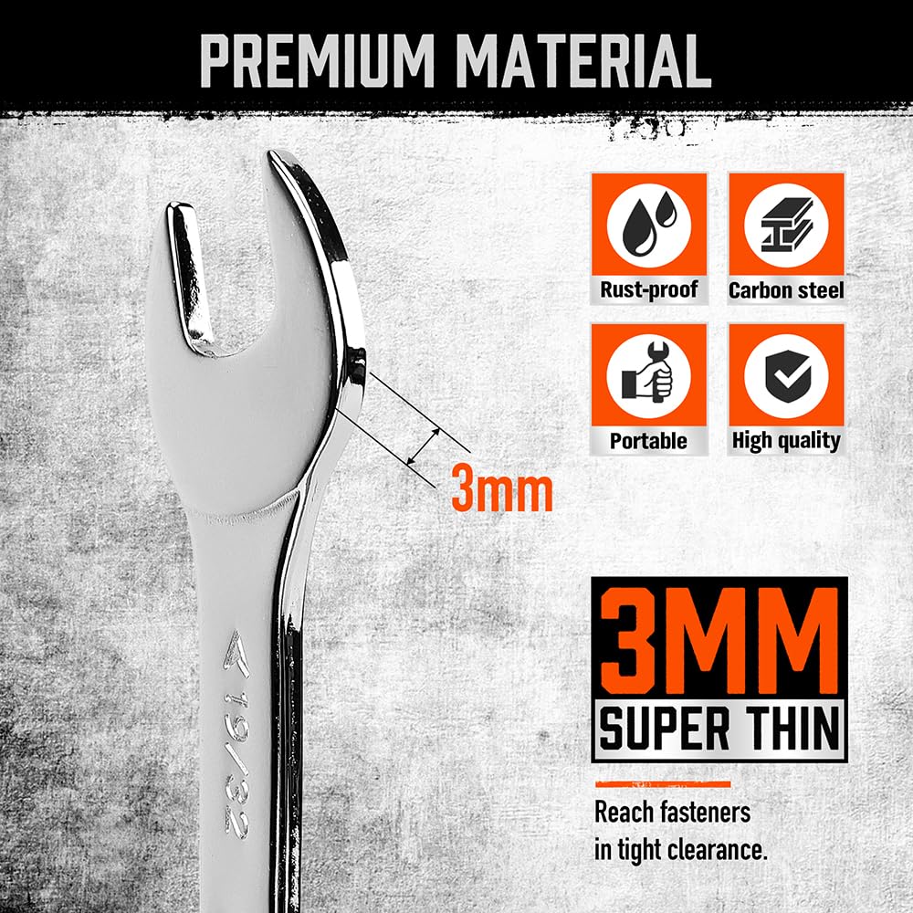 HORUSDY wrenches with two sizes per tool cover SAE and metric.