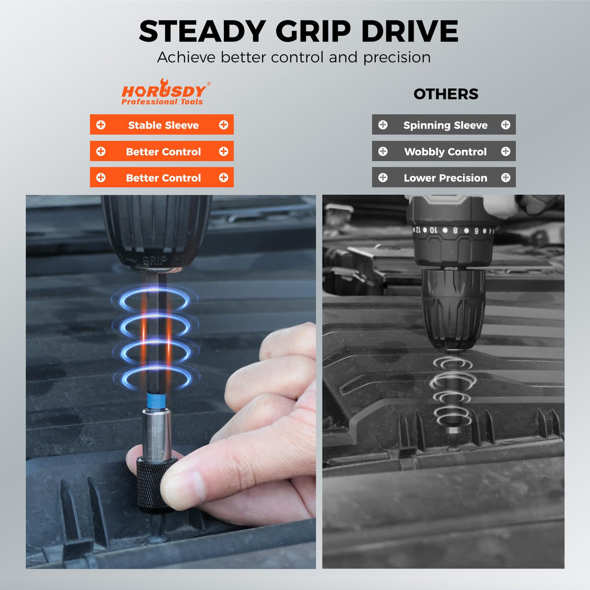 HORUSDY universal 1/4-inch hex shank fits compatible drills.