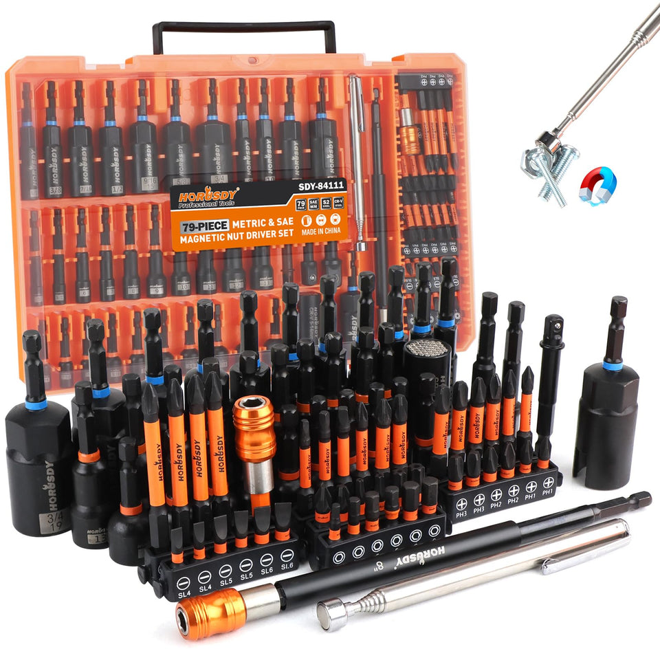 HORUSDY upgraded 79-piece set case shows organized magnetic nut drivers for precise tasks.