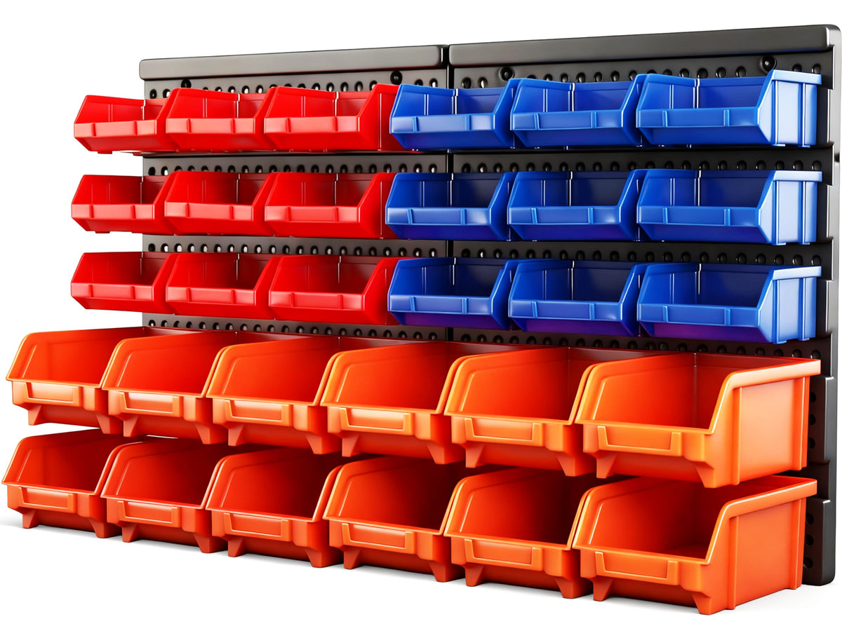HORUSDY wall-mounted storage bins keep small parts organized and within easy reach.
