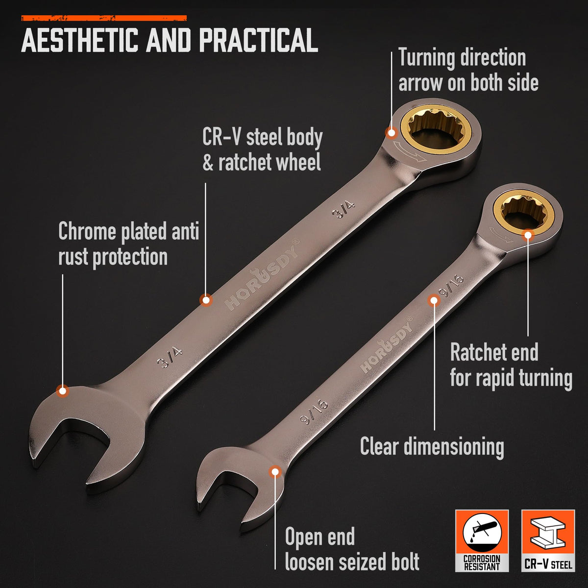 Longer HORUSDY wrench handles improving leverage on tough bolts