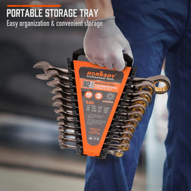 HORUSDY wrench set stored securely in a dedicated rack