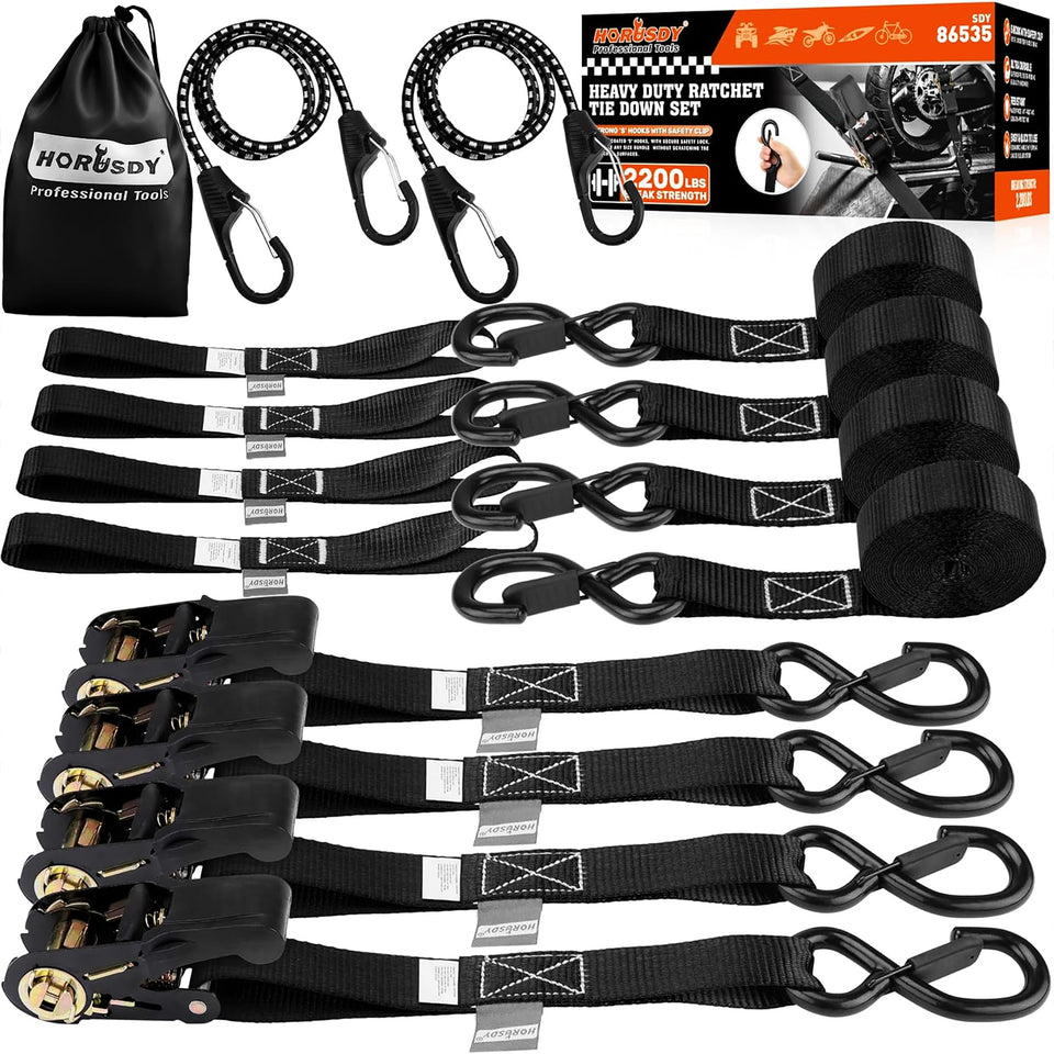 HORUSDY ratchet straps 4-pack folded, ready for quick cargo securing.