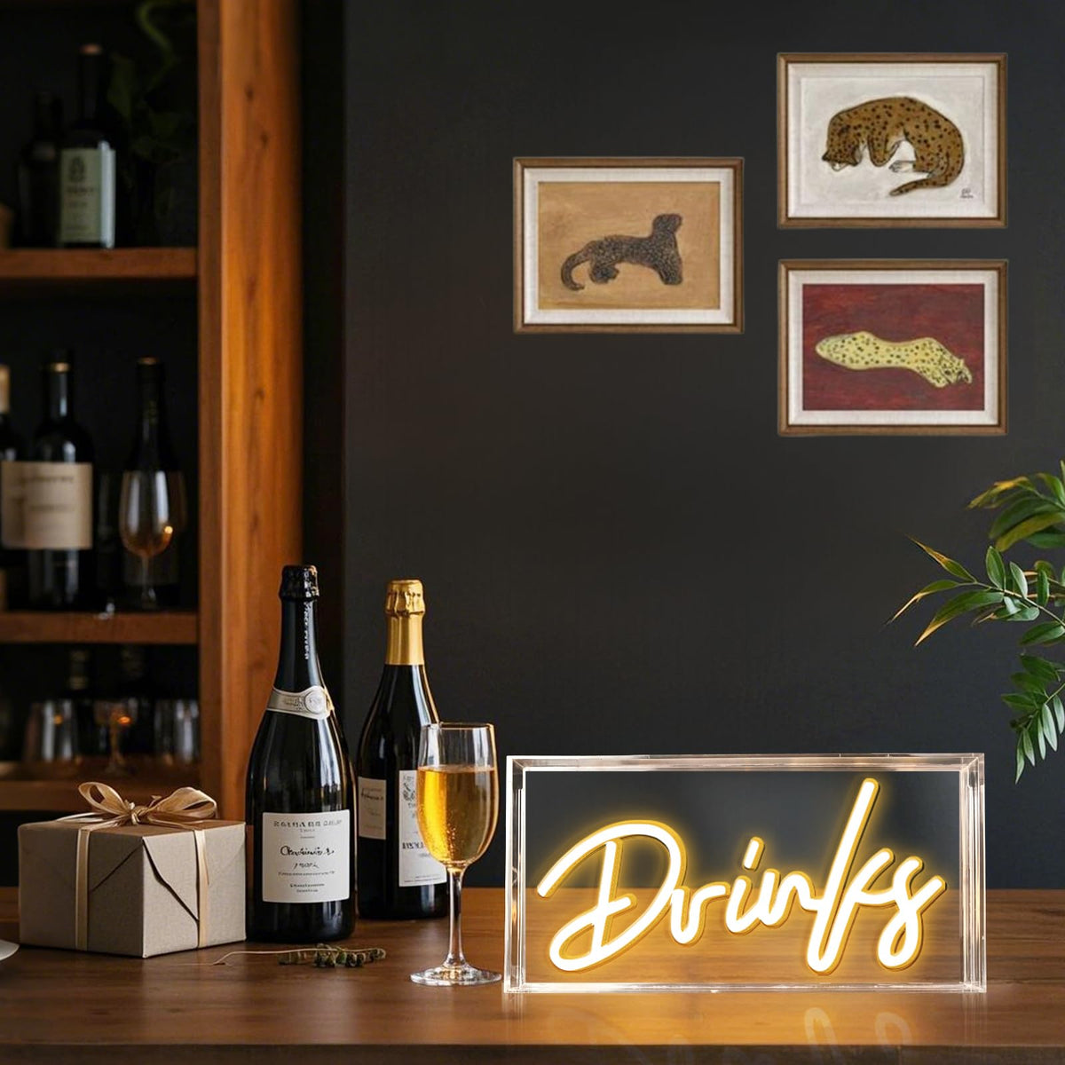 HOSITARK Drinks neon sign displayed in dining room for stylish decor.