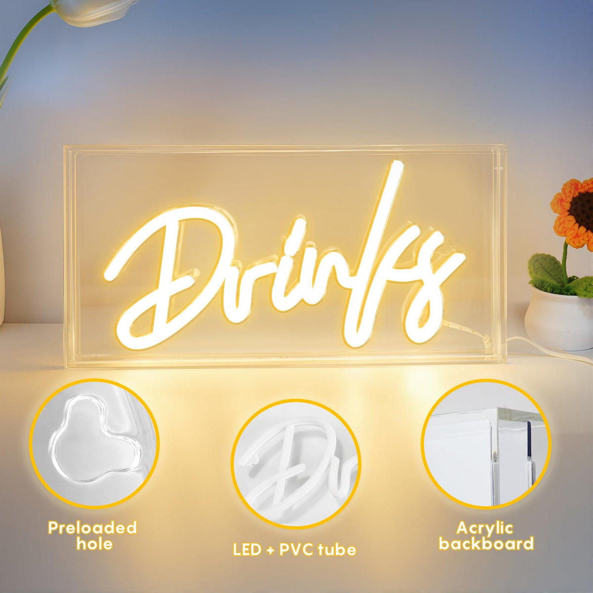 HOSITARK Drinks neon sign wall mounting option with holes for easy installation.