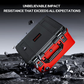 Stores three batteries alongside inflator for on-site use.