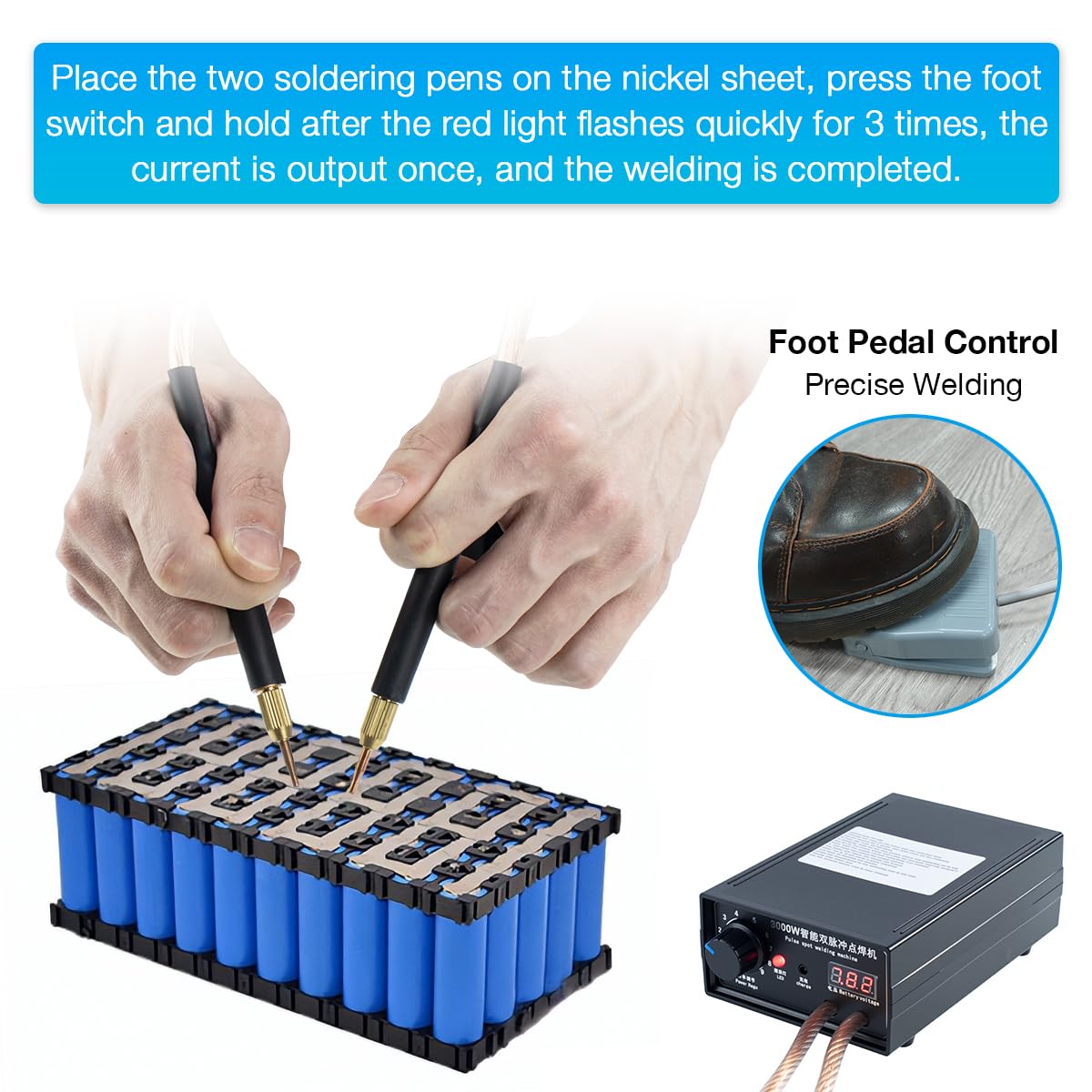 Hosyond welding pens and nickel sheet set up for precise joints.