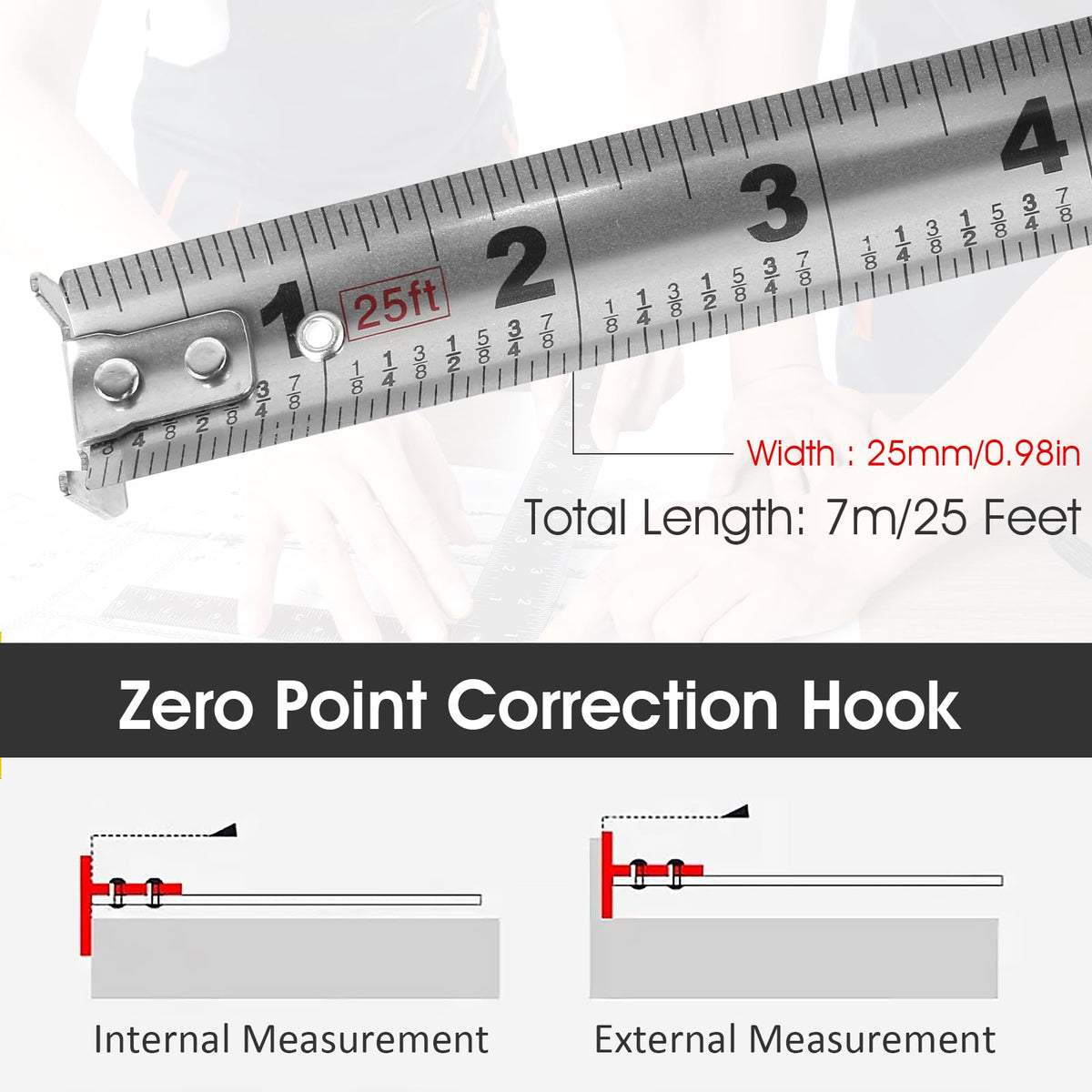HOTBEST 25ft tape measure double-sided scale aids interior projects and carpentry tasks.