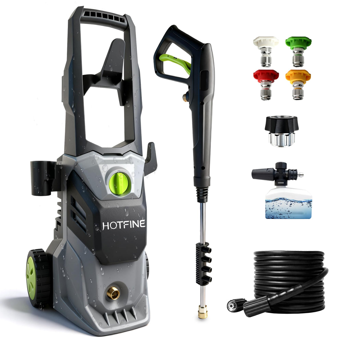 HOTFINE car washer 23ft hose demonstrates extended reach for cars and outdoor surfaces.