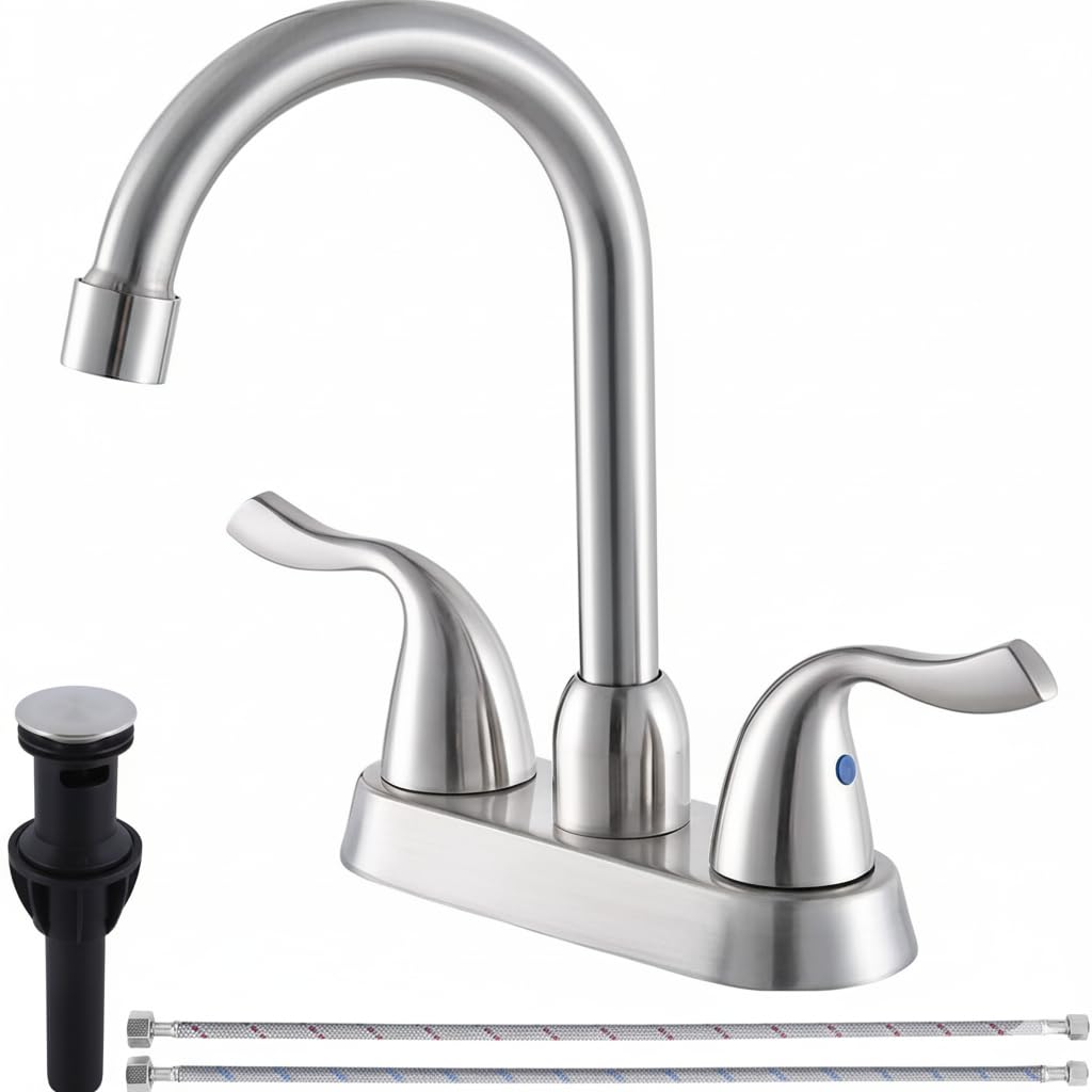 HOTIS HOME brushed nickel faucet closeup with two handles for precise control