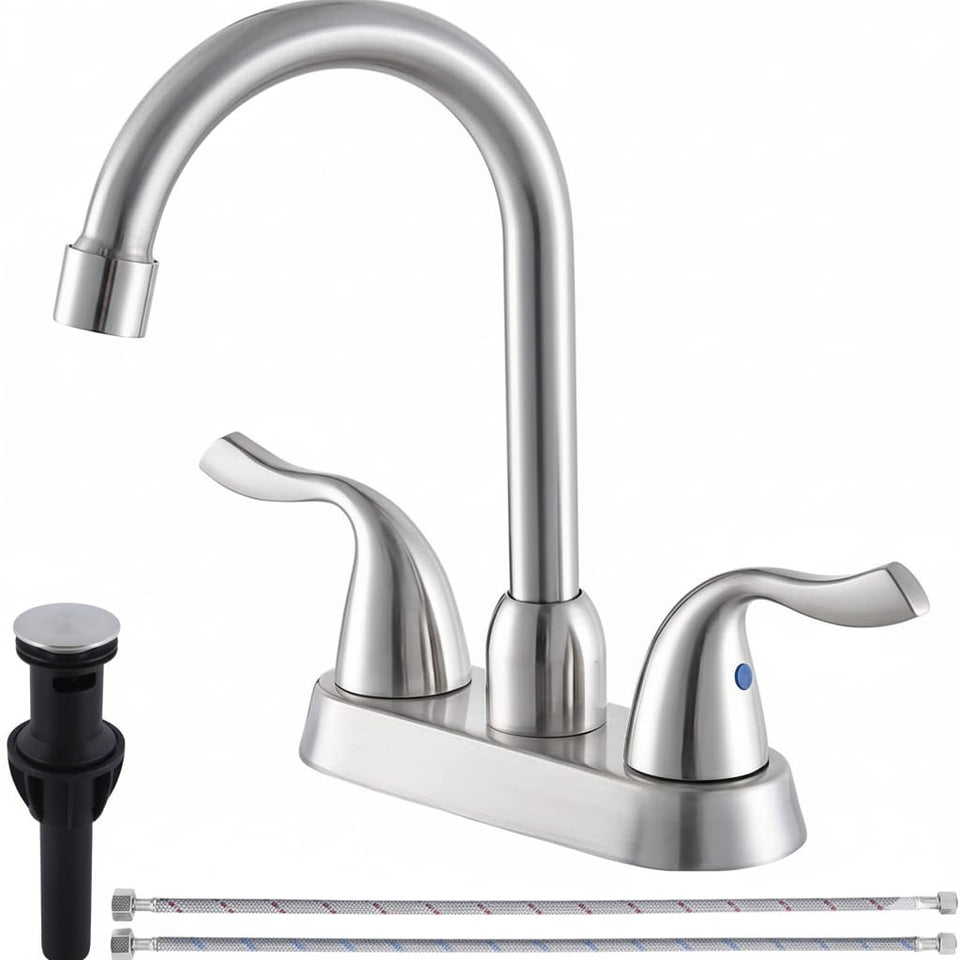 HOTIS HOME brushed nickel faucet closeup with two handles for precise control