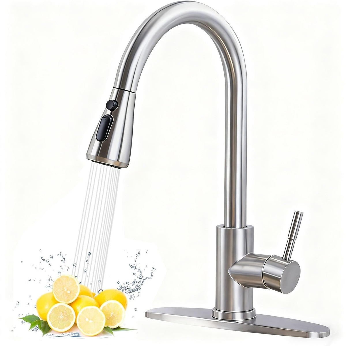 HOTIS HOME kitchen faucet Brushed Nickel angle view shows sleek, modern design.
