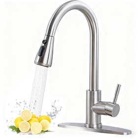 HOTIS HOME kitchen faucet Brushed Nickel angle view shows sleek, modern design.
