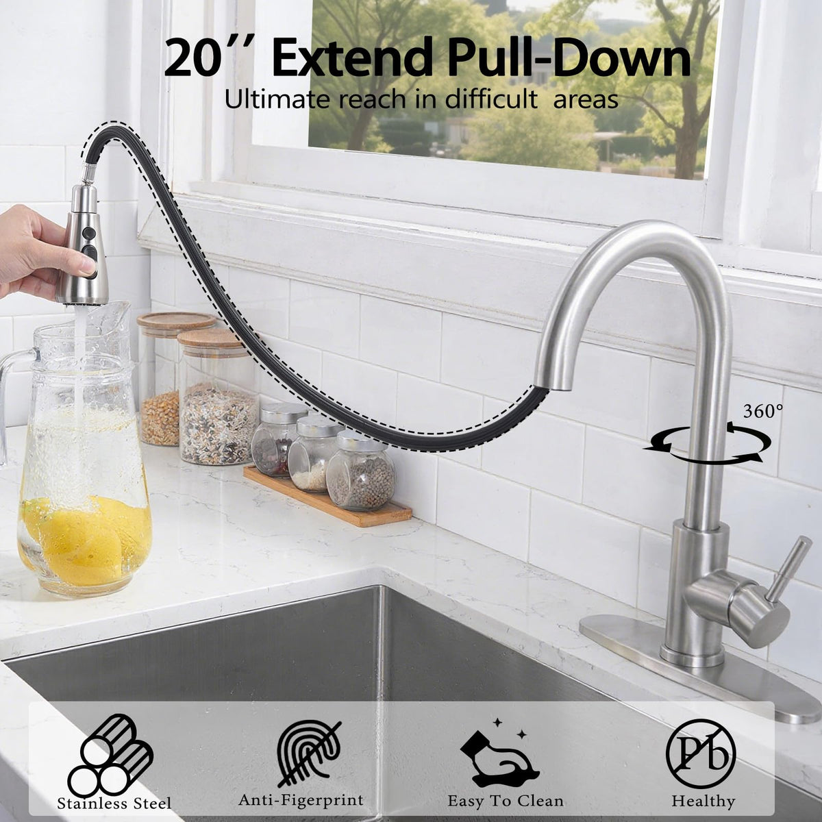 HOTIS HOME pull-down faucet Brushed Nickel in-use shot demonstrates reach.