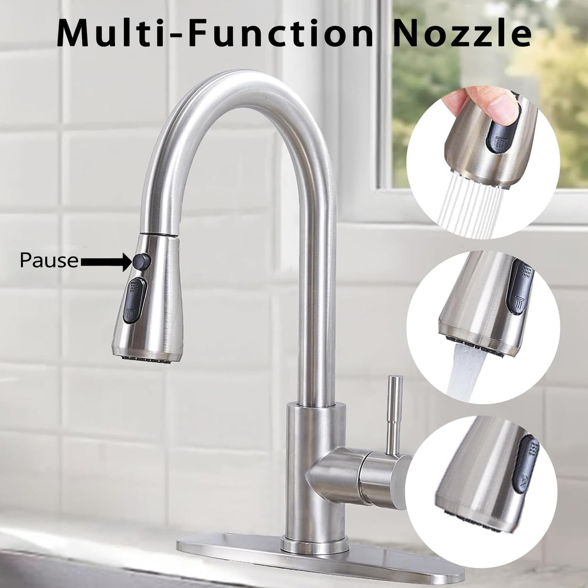 HOTIS HOME Brushed Nickel faucet with multiple spray settings close-up.
