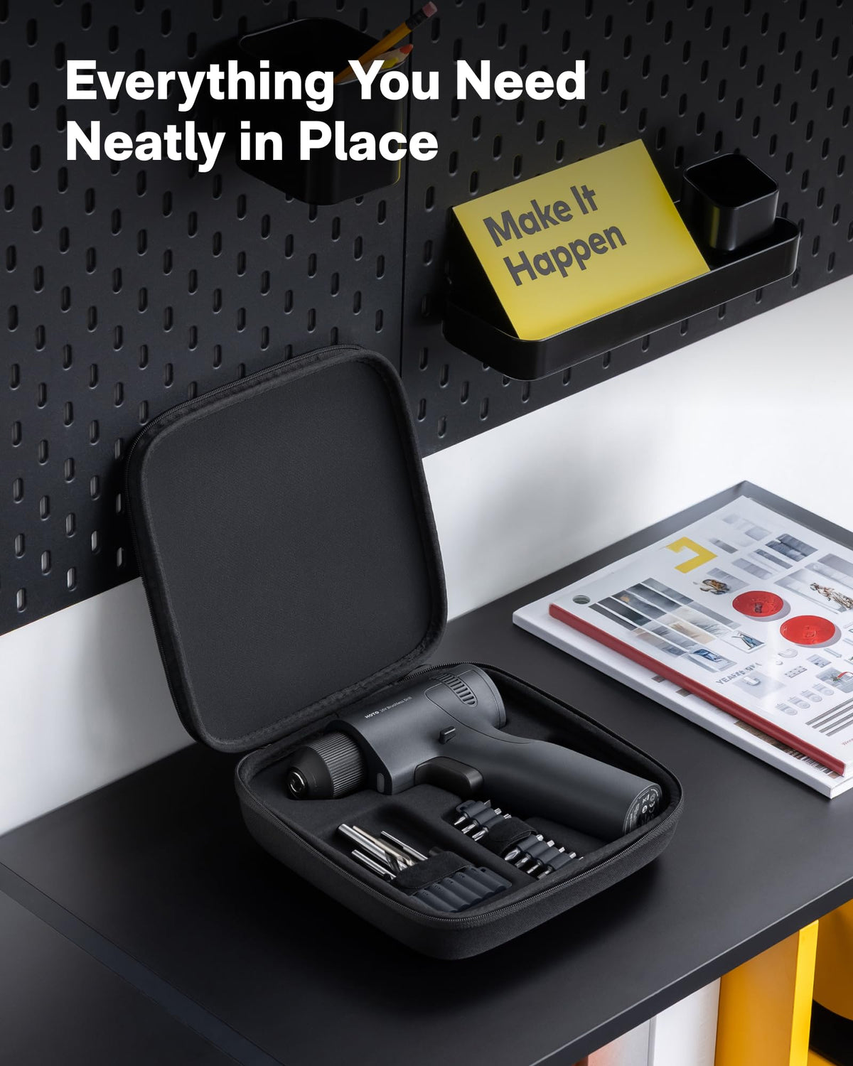 HOTO 16V brushless drill storage case keeps bits and accessories organized.