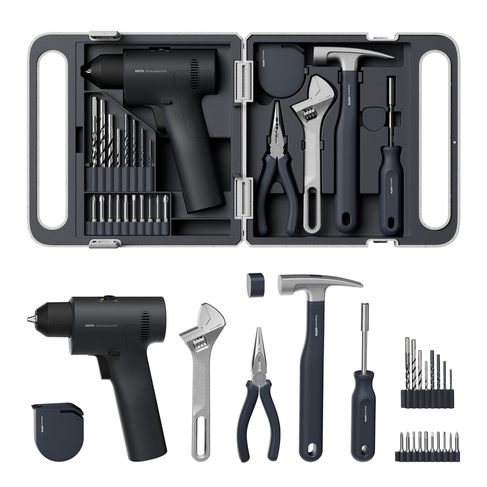 HOTO 25-piece toolkit drill in action for quick home repairs.