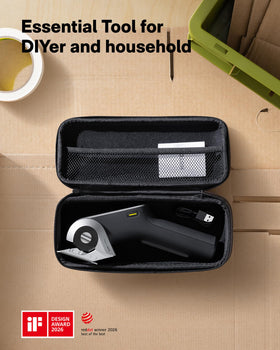 HOTO EdgeFlow in-use cutting cardboard and fabric demonstrates versatility