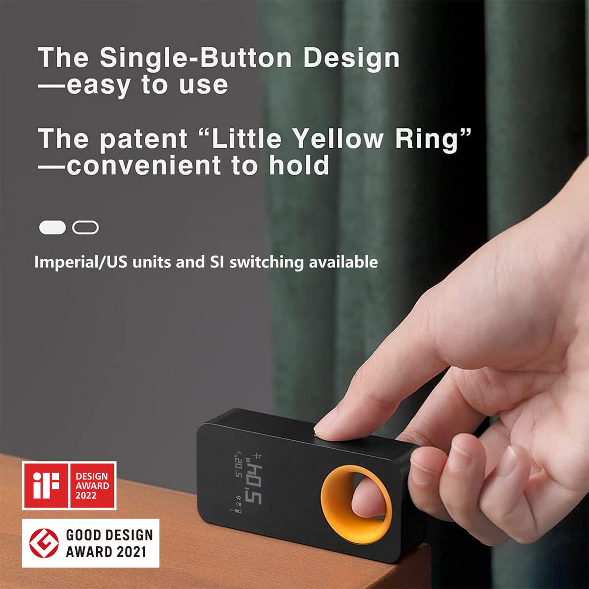 HOTO laser measuring tool with one-button operation for quick measurements.