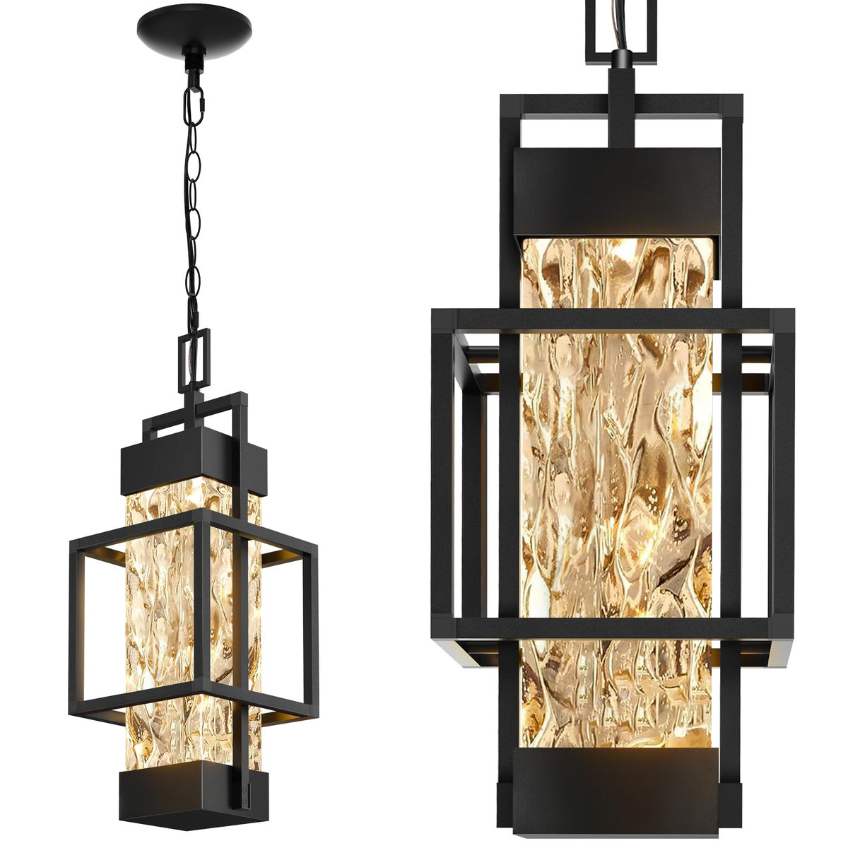 Hotsonic 15'' black aluminum pendant with ripple glass shade diffuses warm light for porches