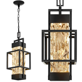 Hotsonic 15'' black aluminum pendant with ripple glass shade diffuses warm light for porches