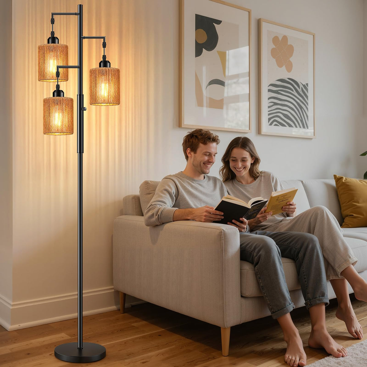 Hotsonic floor lamp in living room adds cozy lighting.