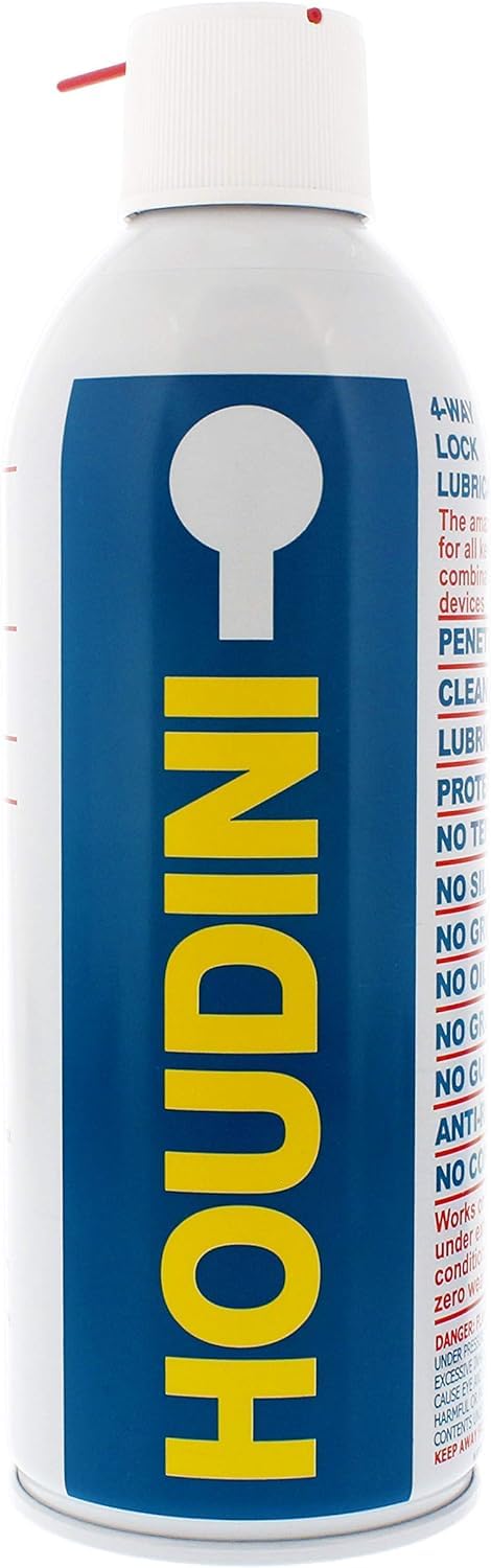 Houdini Lock Lube bottle front shows greaseless formula for clean lubrication.
