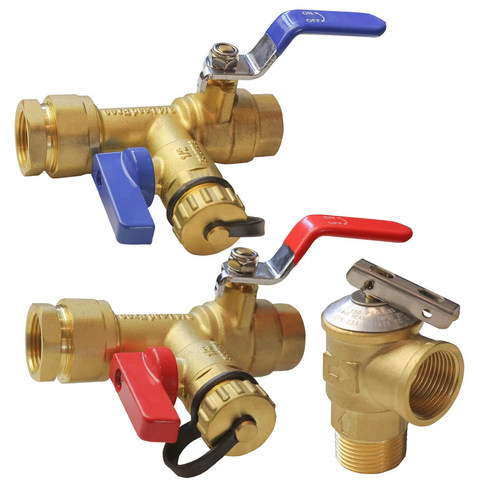 Hourleey 3/4-Inch IPS isolator kit closeup shows brass body and color-coded hot/cold handles