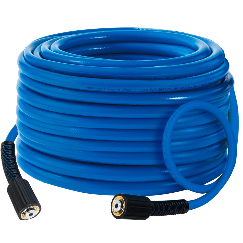 Hourleey blue pressure hose 30ft coil for easy storage and flexible cleaning.