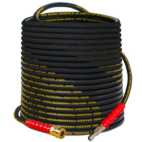 Hourleey kink-resistant hose coiled for high-pressure vehicle cleaning.