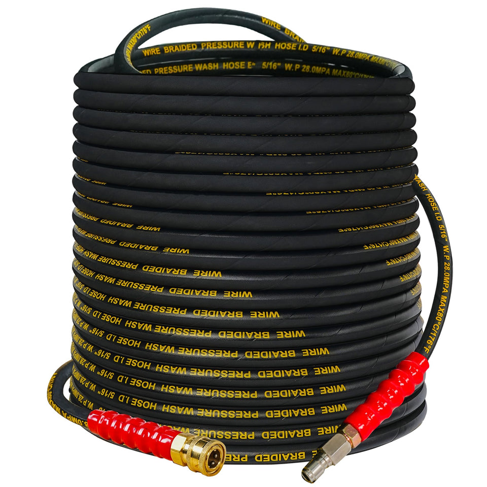 Hourleey kink-resistant hose coiled for high-pressure vehicle cleaning.