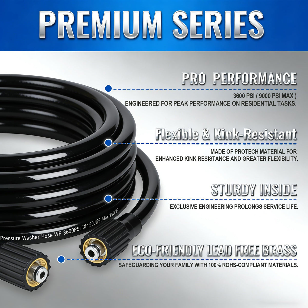 Hourleey kink-resistant hose maintains steady flow during large area cleaning