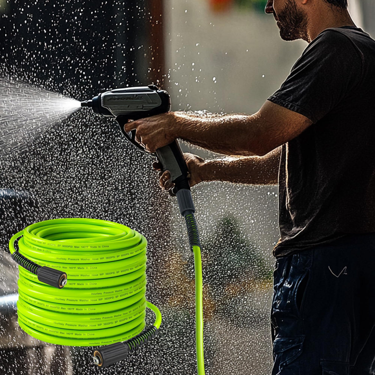 Hourleey pressure hose near a car, illustrating automotive cleaning possibilities.