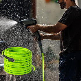 Hourleey pressure hose near a car, illustrating automotive cleaning possibilities.