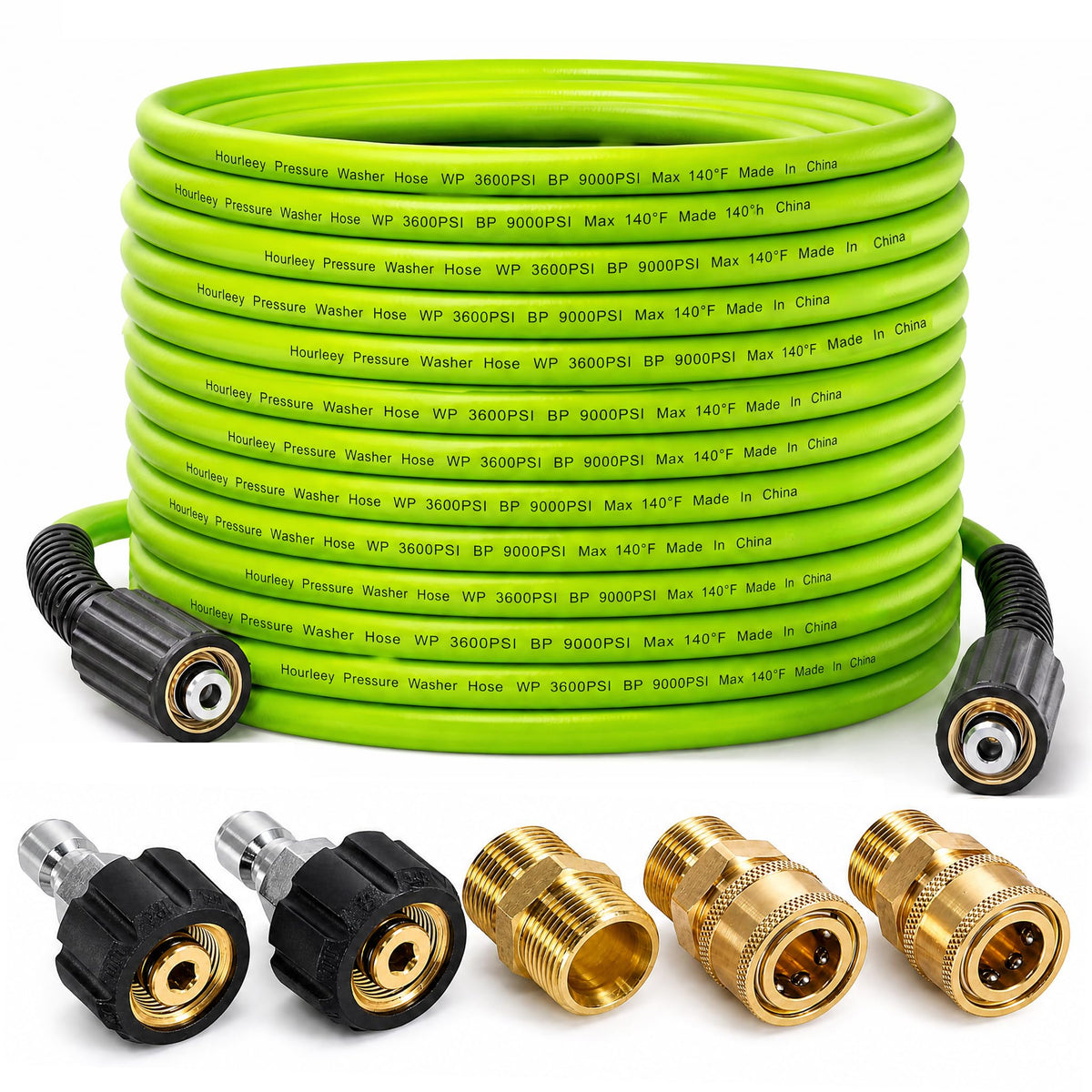 Hourleey pressure washer hose 50 ft, green, coiled view highlighting flexibility for easy storage.